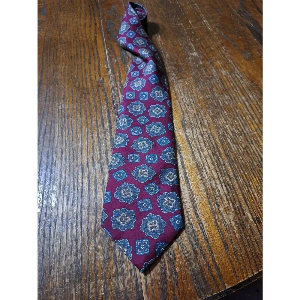 Spencer & Lowe Paisley Burgandy Blue Cream Brown Green Silk Mens Neck Tie USA